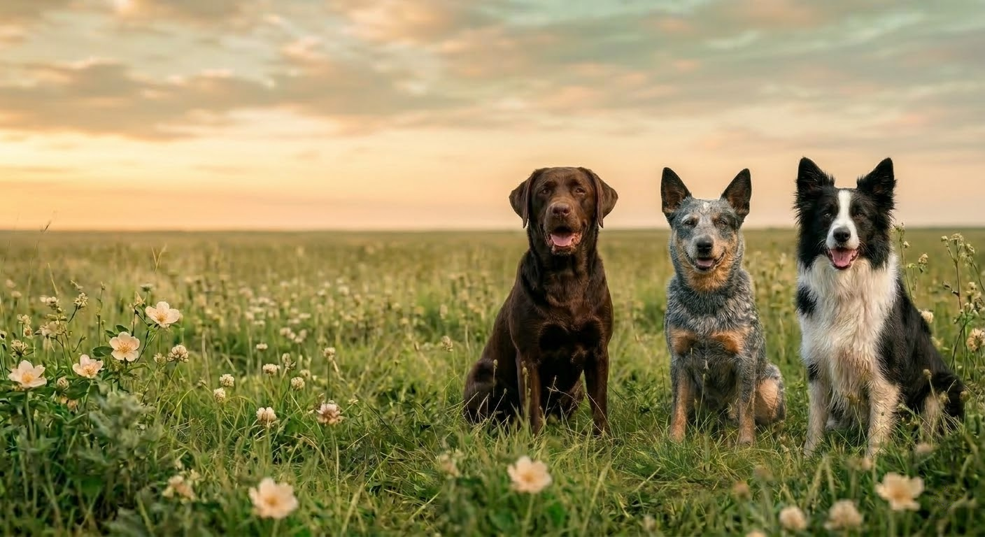 Dog sitting peacefully in a field